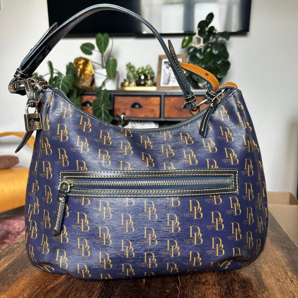 Dooney & Bourke Collins 1975 Signature Brown Leather Shoulder Bag Hobo Navy Blue
